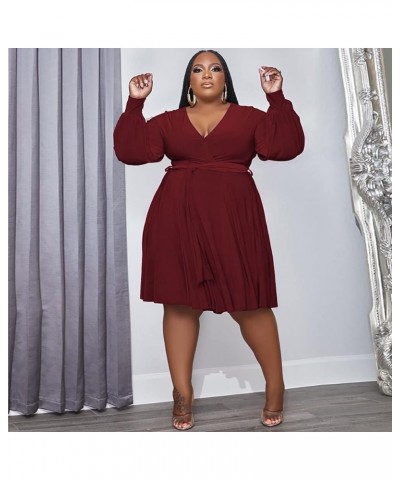 Womens Elegant Plus Size Wrap V Neck Long Sleeve Spring Belt Ruffle Midi Dresses Work Party Casual Dress Wine Red $24.36 Dresses