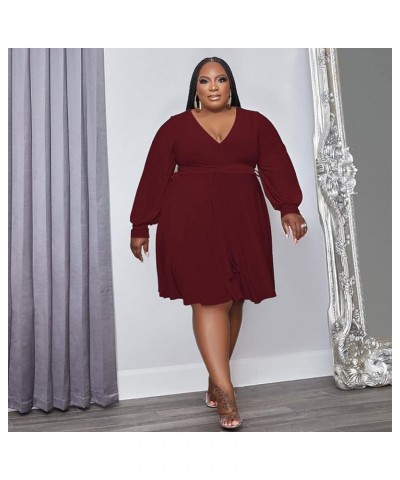 Womens Elegant Plus Size Wrap V Neck Long Sleeve Spring Belt Ruffle Midi Dresses Work Party Casual Dress Wine Red $24.36 Dresses