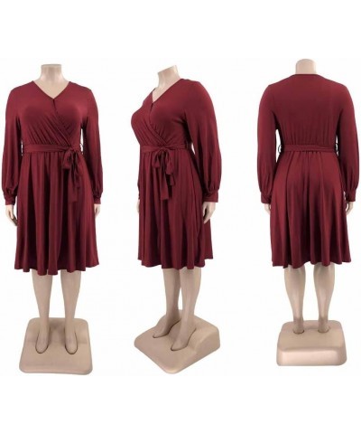 Womens Elegant Plus Size Wrap V Neck Long Sleeve Spring Belt Ruffle Midi Dresses Work Party Casual Dress Wine Red $24.36 Dresses