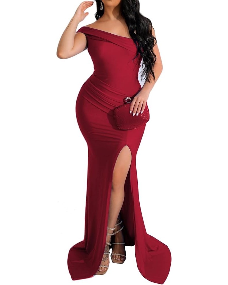 Women's Sexy Off Shoulder Bodycon Maxi Dresses Elegant High Split Club Party Long Dress 589red $23.31 Dresses