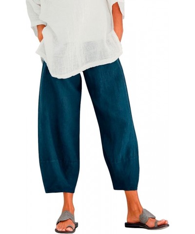 Capri Pants for Women Cotton Linen Wide Leg Capris Plus Size Casual Summer Cropped Pants Elastic Waist Baggy Trousers 3-blue ...