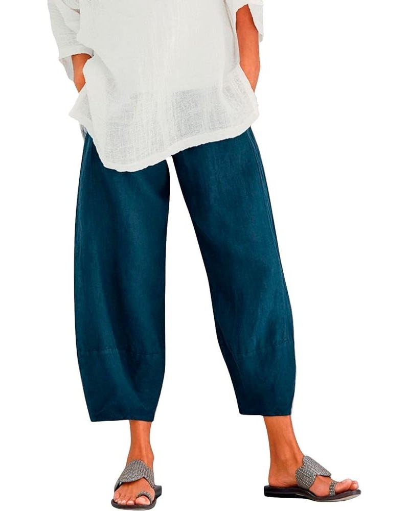 Capri Pants for Women Cotton Linen Wide Leg Capris Plus Size Casual Summer Cropped Pants Elastic Waist Baggy Trousers 3-blue ...
