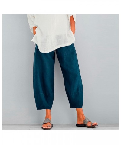 Capri Pants for Women Cotton Linen Wide Leg Capris Plus Size Casual Summer Cropped Pants Elastic Waist Baggy Trousers 3-blue ...