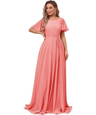 Chiffon Flutter Sleeves Bridesmaid Dresses for Women A-line Bateau Neck Formal Party Prom Gown Coral $34.30 Dresses