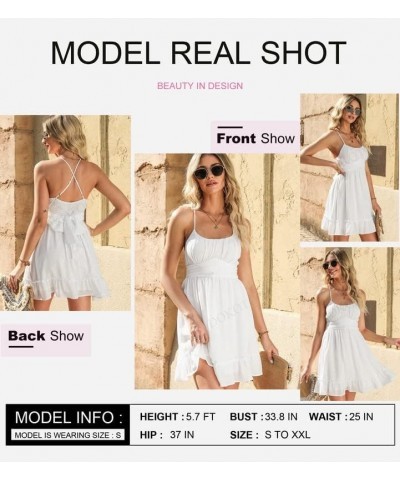 Women's Spaghetti Strap Dresses Scoop Neck Bow Backless Sleeveless Elastic Waist Ruffle Hem A-Line Casual Mini Dress A White ...