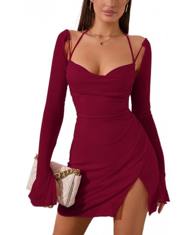 Sexy Women's Halter Flounce Sleeves Ruched Mini Dress Sheer Mesh Side Split Cute Party Short Dresses Wine $20.70 Dresses