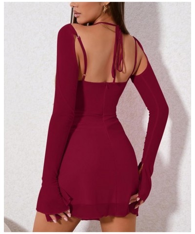 Sexy Women's Halter Flounce Sleeves Ruched Mini Dress Sheer Mesh Side Split Cute Party Short Dresses Wine $20.70 Dresses