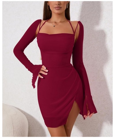 Sexy Women's Halter Flounce Sleeves Ruched Mini Dress Sheer Mesh Side Split Cute Party Short Dresses Wine $20.70 Dresses