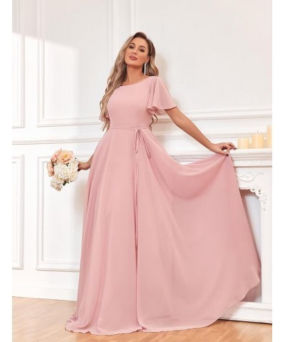 Chiffon Flutter Sleeves Bridesmaid Dresses for Women A-line Bateau Neck Formal Party Prom Gown Coral $34.30 Dresses