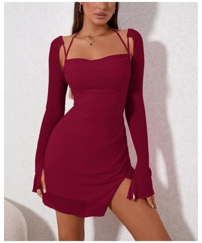 Sexy Women's Halter Flounce Sleeves Ruched Mini Dress Sheer Mesh Side Split Cute Party Short Dresses Wine $20.70 Dresses