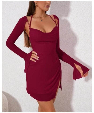 Sexy Women's Halter Flounce Sleeves Ruched Mini Dress Sheer Mesh Side Split Cute Party Short Dresses Wine $20.70 Dresses