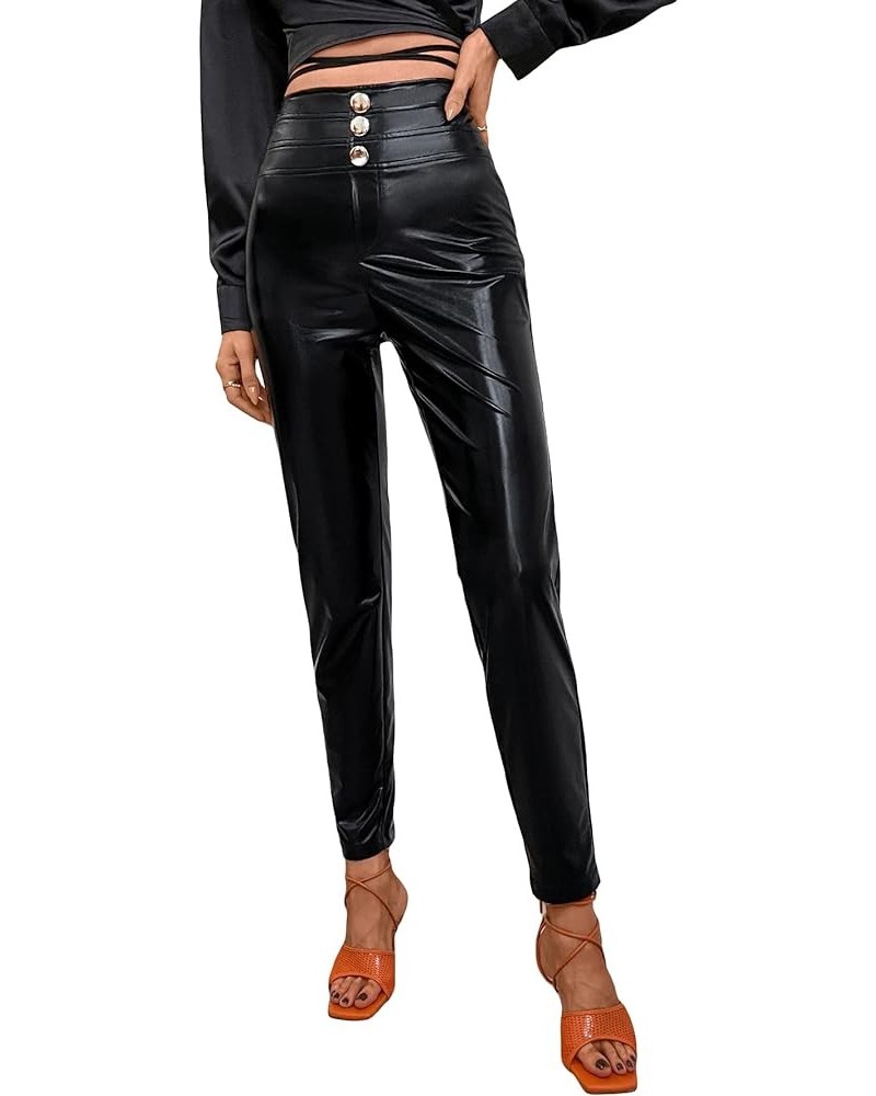 Women's High Waist PU Leather Straight Leg Casual Solid Long Pants Black Solid $14.99 Leggings