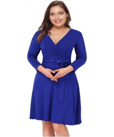 Womens V-Neck 3/4 Sleeve A Line Midi Faux Wrap Plus Size Cocktail Party Swing Dress Royal Blue $8.54 Activewear
