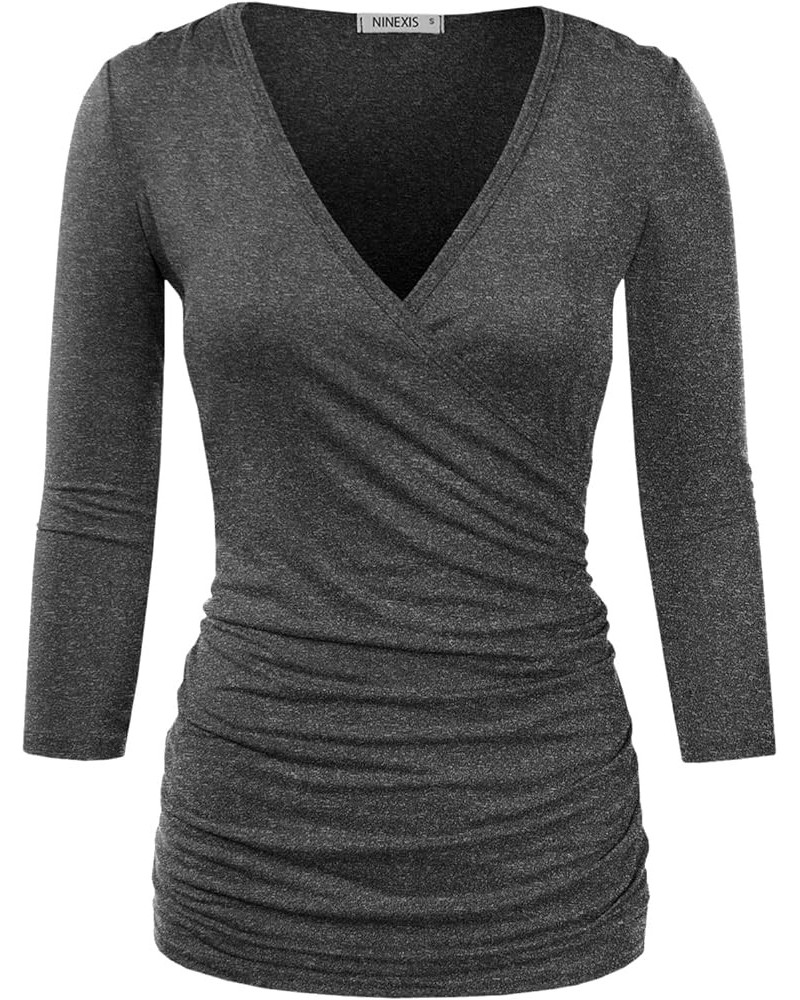 3/4 Sleeve Satin Ruched Hem Tank Tops Deep V Neck Tops Casual Basic Wrap Style T Shirts for Womens with Plus Size Hcharcoal $...