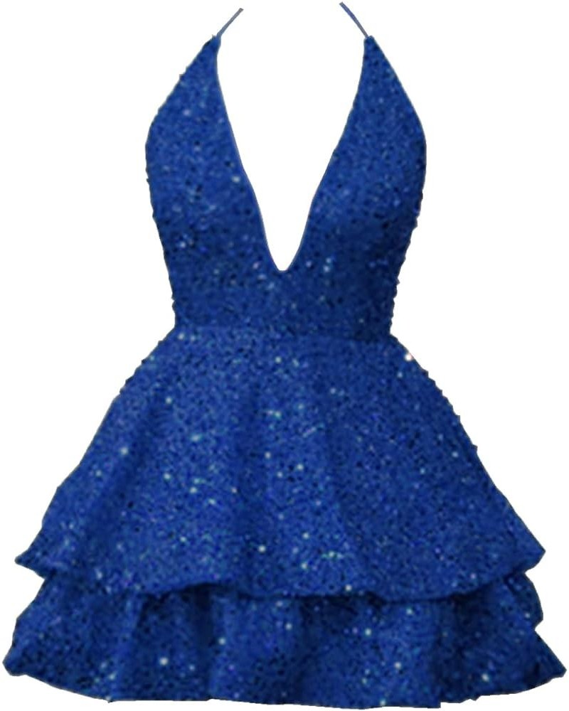 Women's Sequin V Neck Short Prom Dresses Backless Tiered Cocktail Dress Sparkle A Line Party Dress Royal Blue $25.20 Dresses