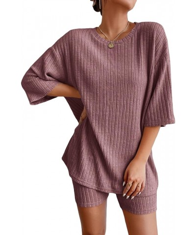 Women's 2 Piece Outfits Ribbed Short Sleeve Drop Shoulder Tee And Shorts Set Half Sleeve Dusty Pink $18.61 Sleep & Lounge