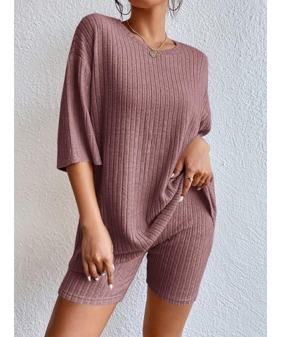 Women's 2 Piece Outfits Ribbed Short Sleeve Drop Shoulder Tee And Shorts Set Half Sleeve Dusty Pink $18.61 Sleep & Lounge