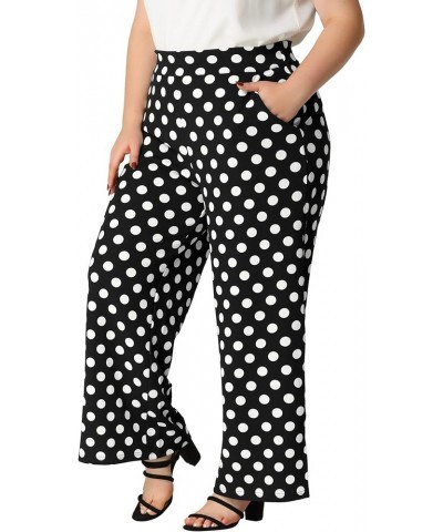 Plus Size Women's Palazzo Pants Stretchy High Waist Polka Dots Casual Wide Leg Pants Summer Black $18.50 Pants