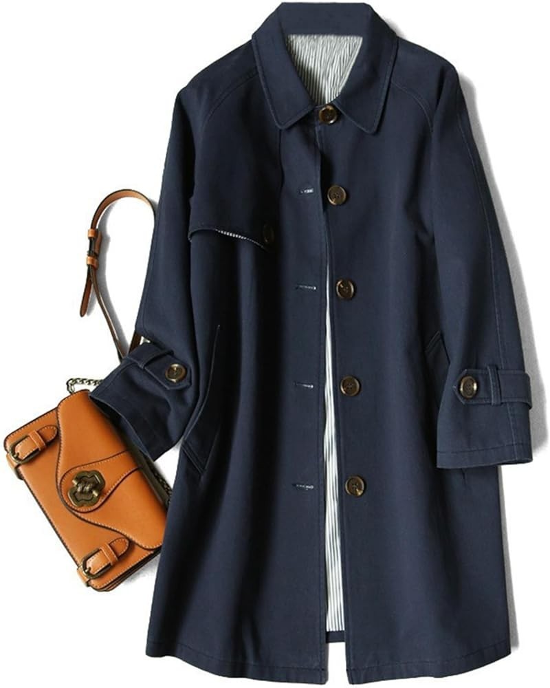 Autumn 2023 Women's Windbreaker Mid length Cotton Casual Polo Coat Tibetan Ink Blue $33.59 Jackets