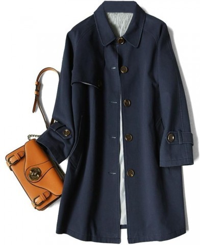 Autumn 2023 Women's Windbreaker Mid length Cotton Casual Polo Coat Tibetan Ink Blue $33.59 Jackets