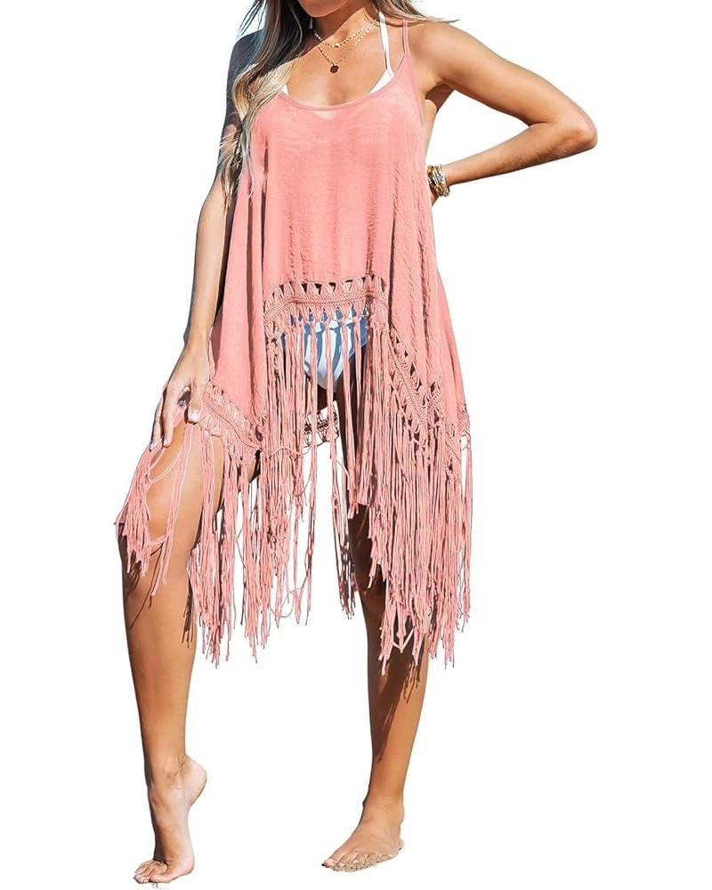 Womens Sleeveless Bathing Suit Cover Ups Spaghetti Strap Tassel Hem Swim Coverup Bikini Beach Tops Pink $17.10 Swimsuits