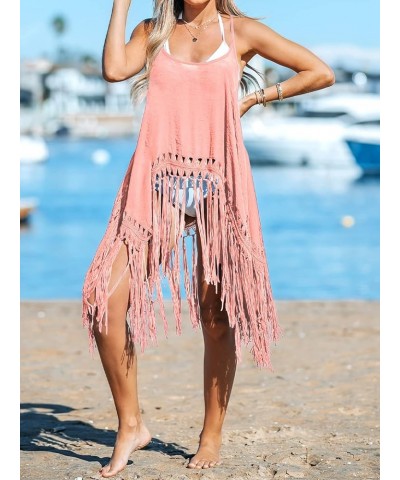 Womens Sleeveless Bathing Suit Cover Ups Spaghetti Strap Tassel Hem Swim Coverup Bikini Beach Tops Pink $17.10 Swimsuits