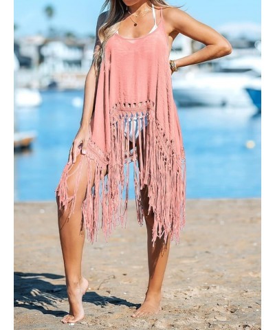 Womens Sleeveless Bathing Suit Cover Ups Spaghetti Strap Tassel Hem Swim Coverup Bikini Beach Tops Pink $17.10 Swimsuits