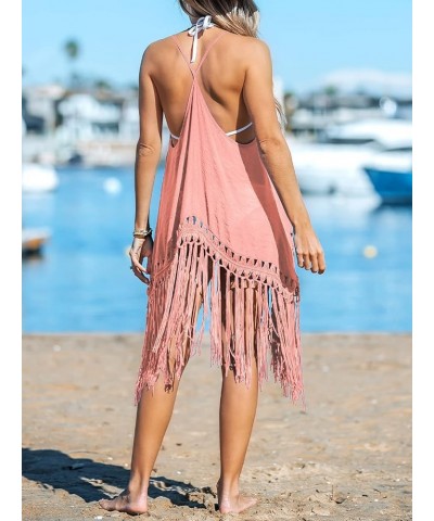 Womens Sleeveless Bathing Suit Cover Ups Spaghetti Strap Tassel Hem Swim Coverup Bikini Beach Tops Pink $17.10 Swimsuits