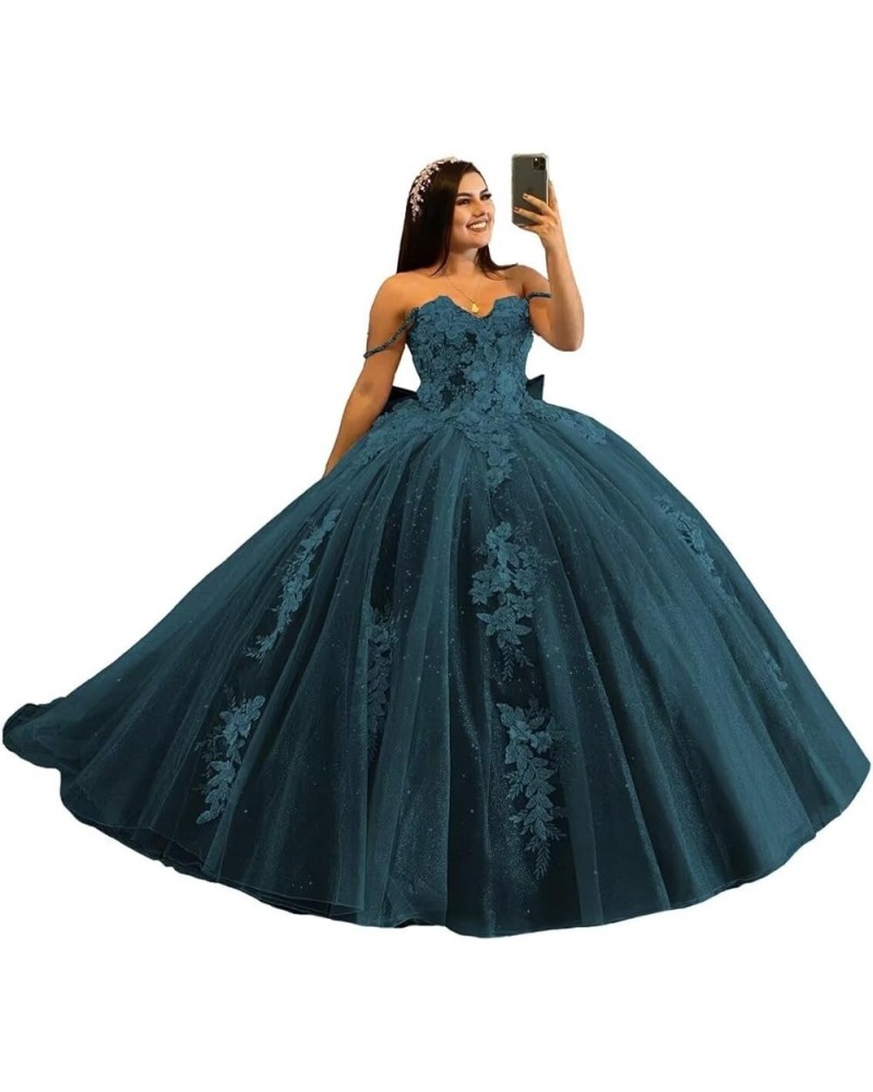 Off Shoulder Quinceanera Dresses Ball Gown Puffy Tulle Sweet 16 Dresses Long Sparkly Lace Prom Dress Y89 Teal $62.79 Dresses