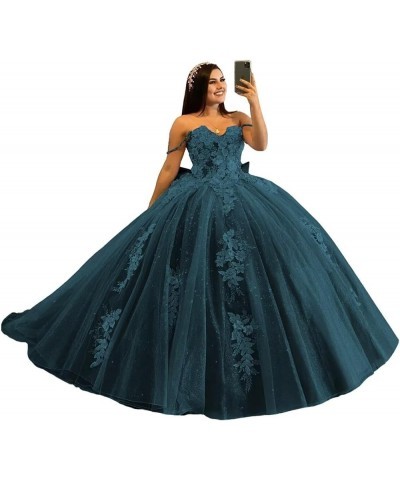 Off Shoulder Quinceanera Dresses Ball Gown Puffy Tulle Sweet 16 Dresses Long Sparkly Lace Prom Dress Y89 Teal $62.79 Dresses