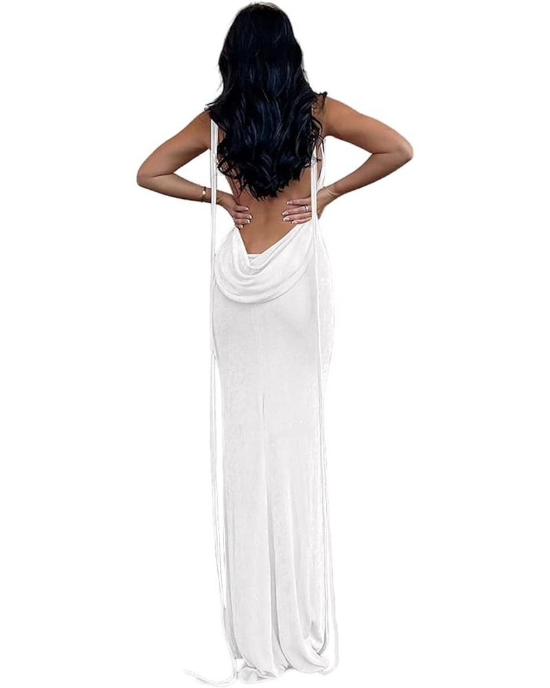Slip Bodycon Dresses for Women Spaghetti Strap Lace Up Backless Cowl Neck Maxi Mermaid Cocktail Party Dress White $23.59 Dresses