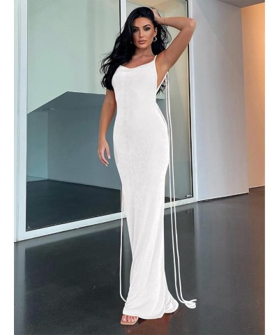 Slip Bodycon Dresses for Women Spaghetti Strap Lace Up Backless Cowl Neck Maxi Mermaid Cocktail Party Dress White $23.59 Dresses