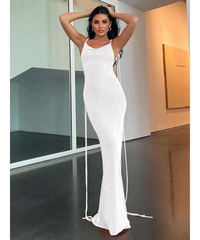 Slip Bodycon Dresses for Women Spaghetti Strap Lace Up Backless Cowl Neck Maxi Mermaid Cocktail Party Dress White $23.59 Dresses