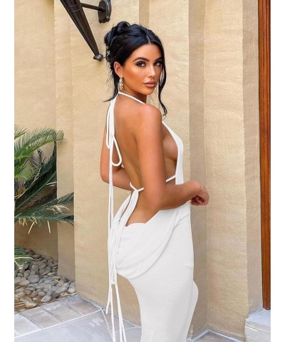 Slip Bodycon Dresses for Women Spaghetti Strap Lace Up Backless Cowl Neck Maxi Mermaid Cocktail Party Dress White $23.59 Dresses