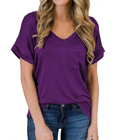 Womens Leopard Print Short Sleeve V-Neck Casual Shirts Loose Roll Sleeve Tee T-Shirt Purple $10.39 T-Shirts