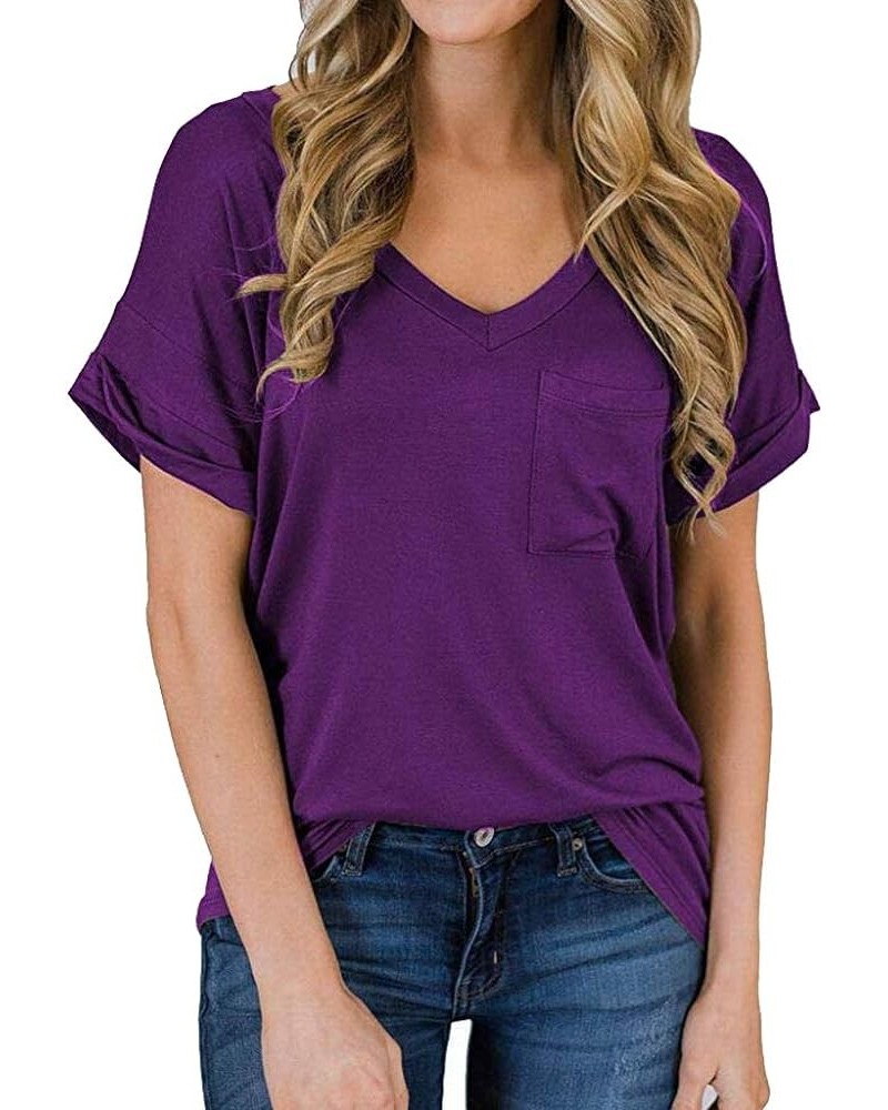Womens Leopard Print Short Sleeve V-Neck Casual Shirts Loose Roll Sleeve Tee T-Shirt Purple $10.39 T-Shirts