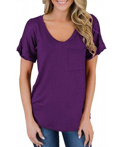 Womens Leopard Print Short Sleeve V-Neck Casual Shirts Loose Roll Sleeve Tee T-Shirt Purple $10.39 T-Shirts