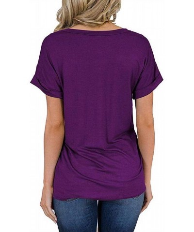 Womens Leopard Print Short Sleeve V-Neck Casual Shirts Loose Roll Sleeve Tee T-Shirt Purple $10.39 T-Shirts