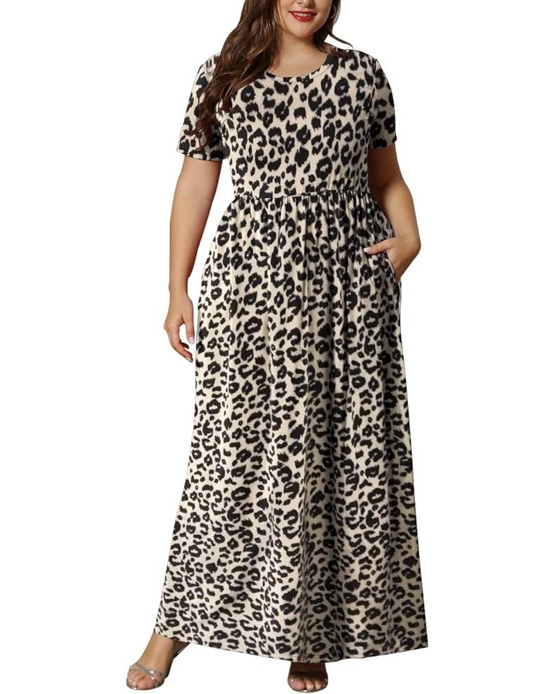 Women's Plus Size Short Sleeve Loose Plain Casual Long Maxi Dresses with Pockets 02-leopard $14.75 Dresses