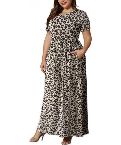 Women's Plus Size Short Sleeve Loose Plain Casual Long Maxi Dresses with Pockets 02-leopard $14.75 Dresses