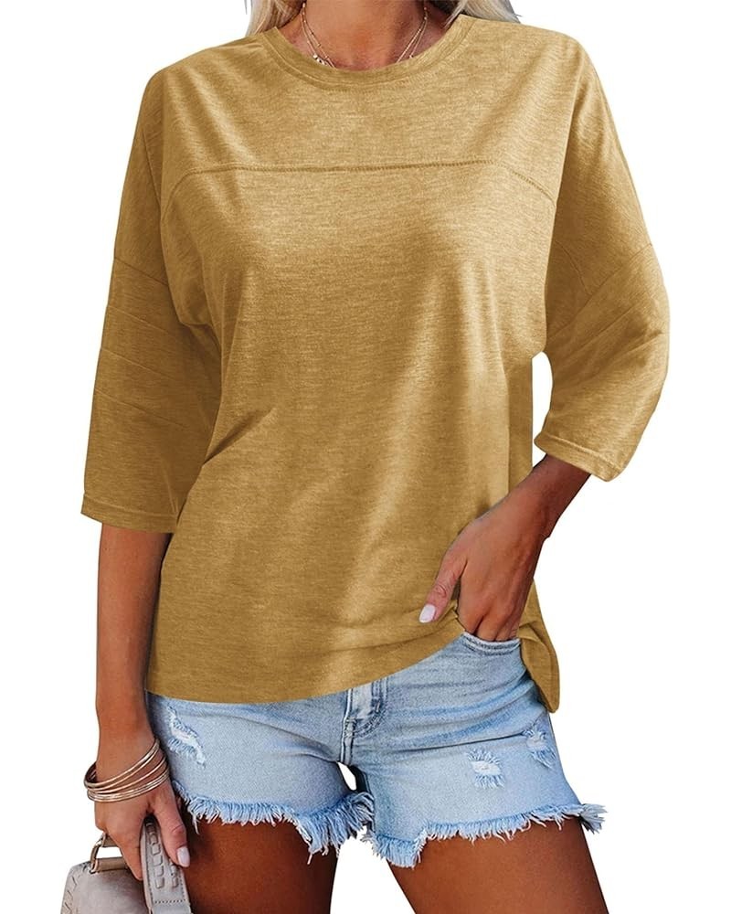 Womens Crew Neck 3/4 Sleeve Basic T-Shirts Solid Loose Cute Tunic Top Blouses Yellow $15.65 Tops