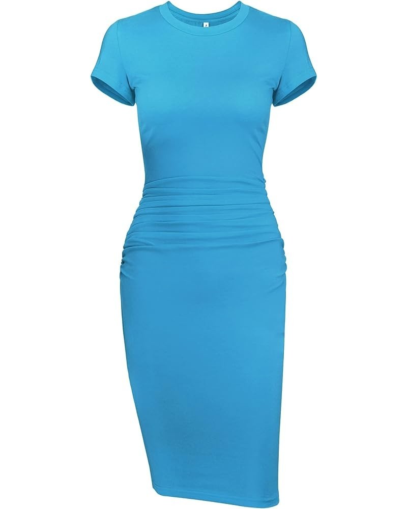 Missufeintl Women's Bodycon Ruched Short Sleeve T Shirt Midi Sundress Fitted Casual Dress Acid Blue $20.29 Dresses