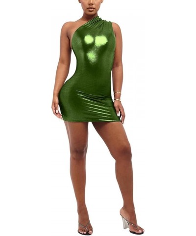 Women Sexy Metallic Mini Dress One Shoulder Sleeveless Bodycon Short Dress Party Clubwear Green $17.66 Dresses