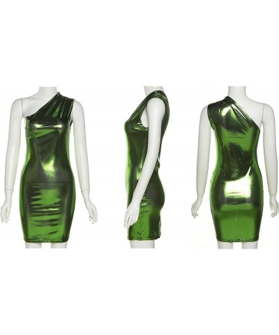 Women Sexy Metallic Mini Dress One Shoulder Sleeveless Bodycon Short Dress Party Clubwear Green $17.66 Dresses