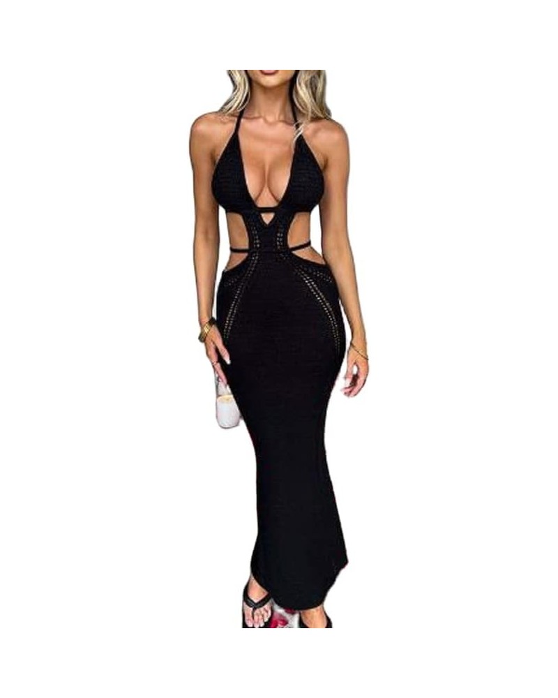 Women Strappy Halter Maxi Dress Tie Up Backless Bodycon Tube Long Dress Elegant Hollow Criss Cross Sundress Black-1 $10.79 Dr...