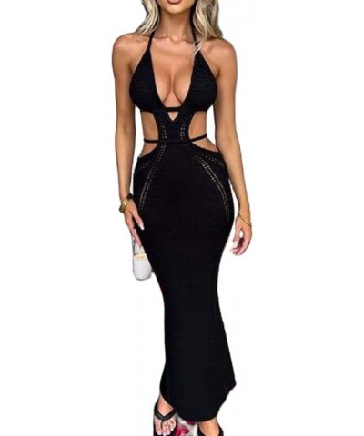 Women Strappy Halter Maxi Dress Tie Up Backless Bodycon Tube Long Dress Elegant Hollow Criss Cross Sundress Black-1 $10.79 Dr...