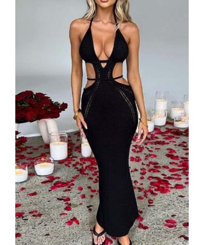 Women Strappy Halter Maxi Dress Tie Up Backless Bodycon Tube Long Dress Elegant Hollow Criss Cross Sundress Black-1 $10.79 Dr...