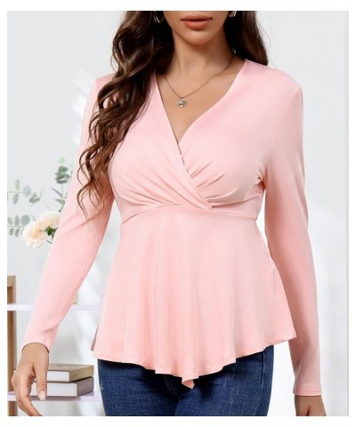 Womens Wrap Blouses Long Sleeve V Neck Casual Ruched Tunic Irregular Hem Tops Lounge Wear Pink $7.79 Tops