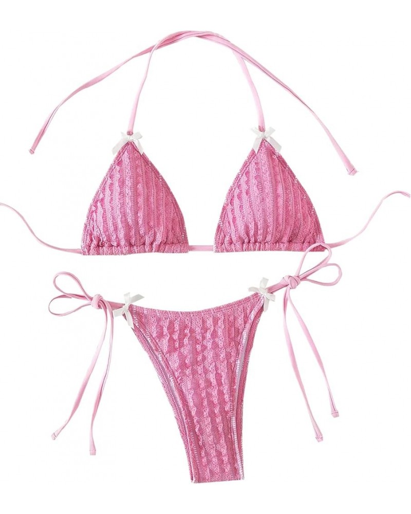 Women's Sexy Lace Striped Solid Swimsuit 2 Piece Halter Triangle Top Ring Linked Bikini Set Pink $17.97 Swimsuits