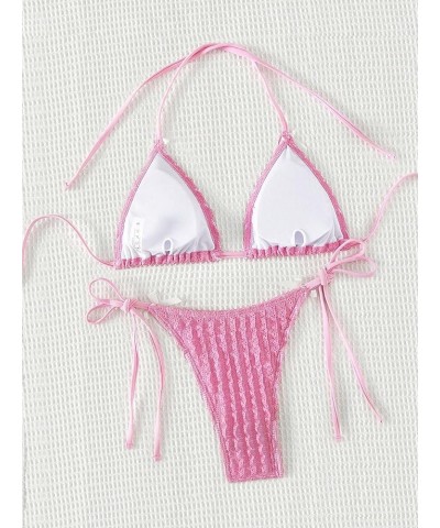 Women's Sexy Lace Striped Solid Swimsuit 2 Piece Halter Triangle Top Ring Linked Bikini Set Pink $17.97 Swimsuits